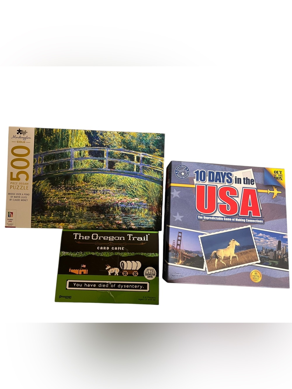 Lot of 3 Educational Toys Age12+ 10 days in USA, Art Puzzle, Oregon Trail Game,